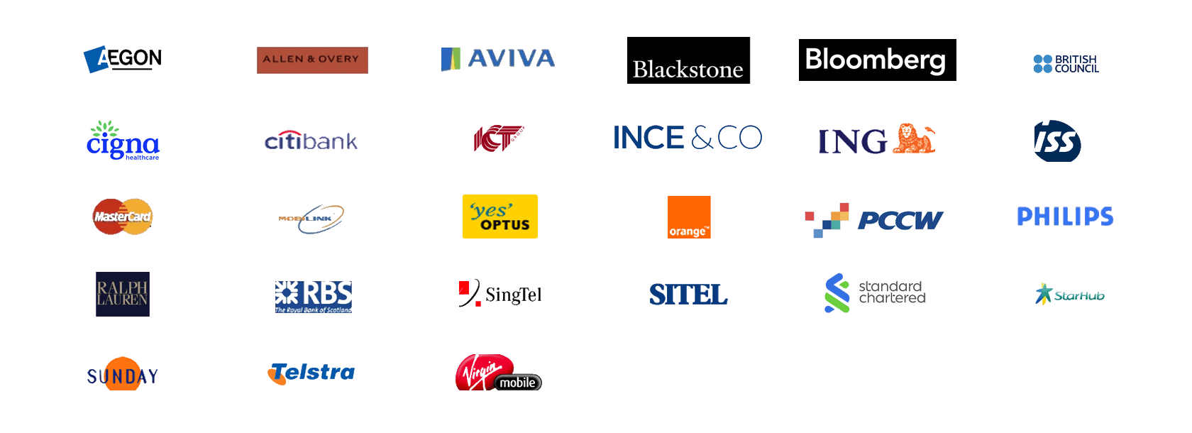 Organisations CCS International has worked with, including HSBC, Standard Chartered, ISS, PCCW, RBS, Citibank, Bloomberg, Telstra, Philips, SingTel, MasterCard, Ralph Lauren, and Allen & Overy